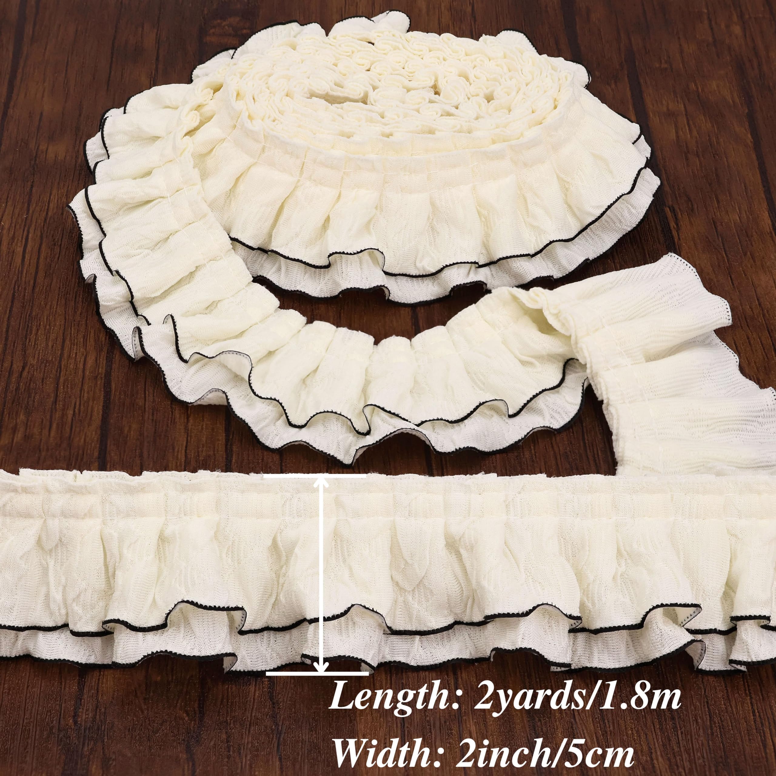 ZNZAKKA Beige Ruffle Trim 2 Yards Double-Layer Pleated Lace Edge